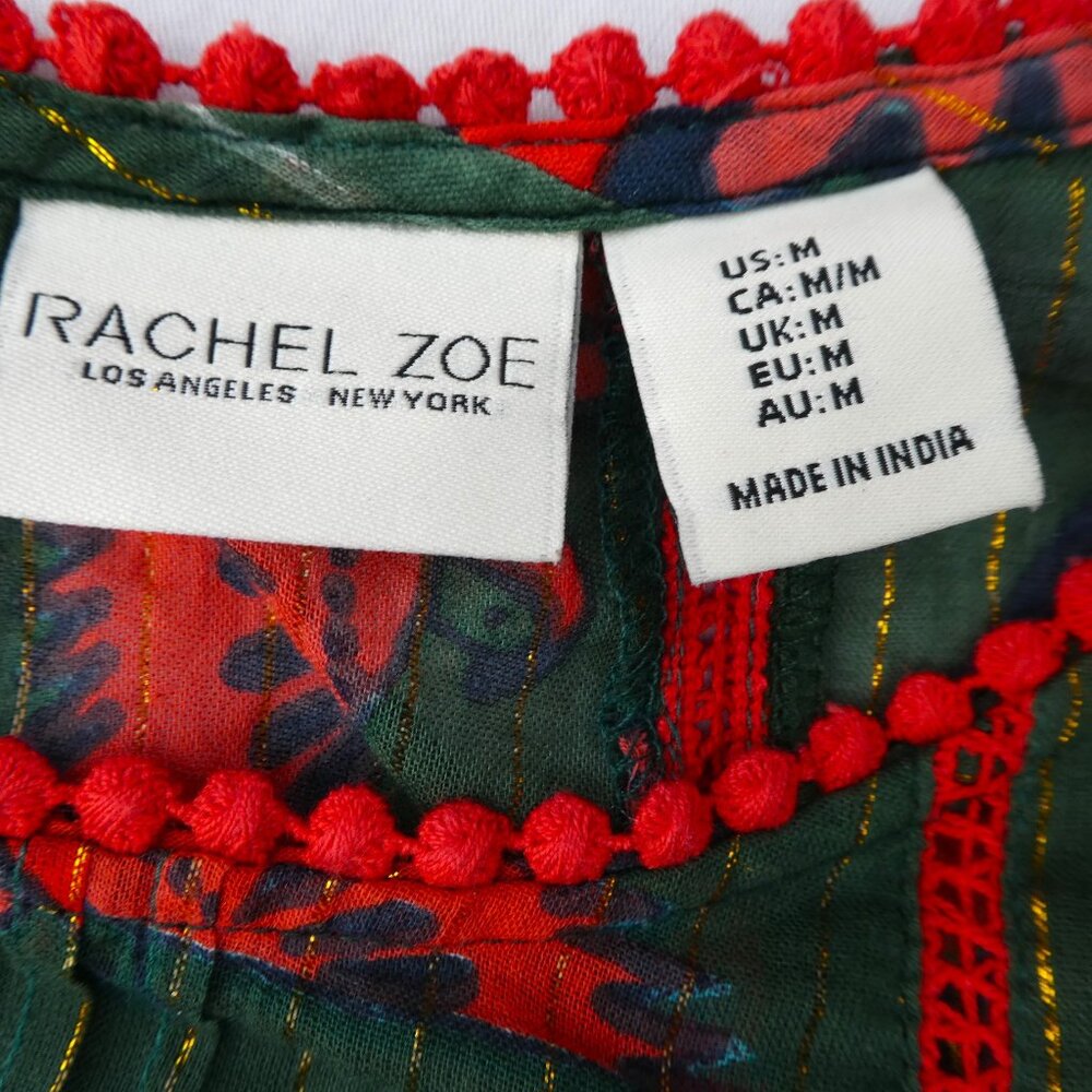 Rachel Zoe Metallic Kimono Blouse Flying Bird Print Boho Peasant Green Red Gold - Picture 8 of 9